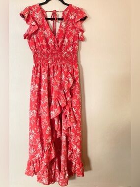 Love & piece Red Floral High-Low Ruffle Dress